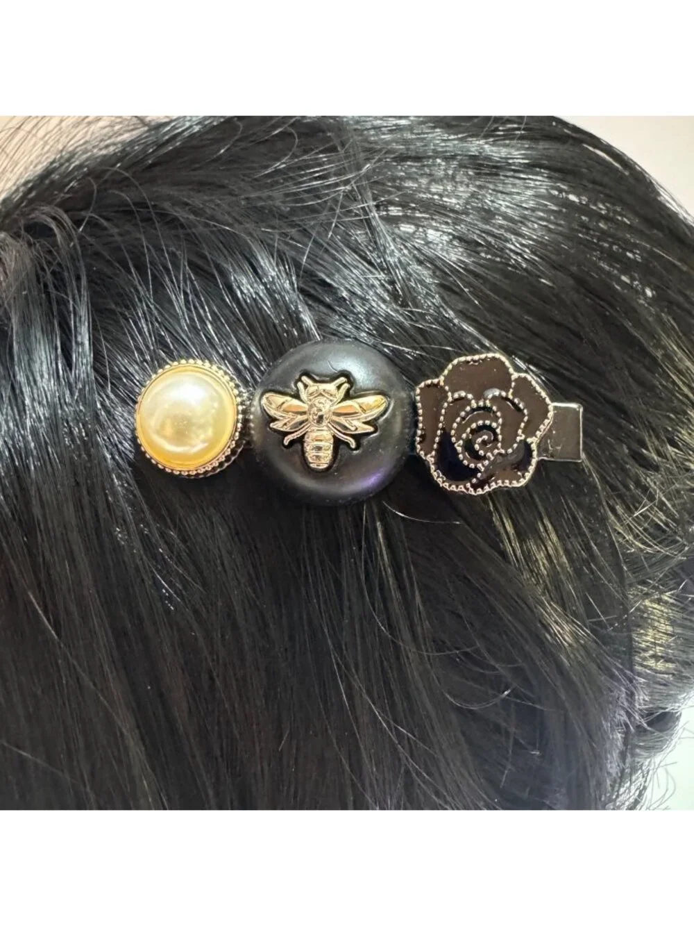 Pearl & Black Hair Clip With Gold Bee & Rose Accents Elegant Accessory  New